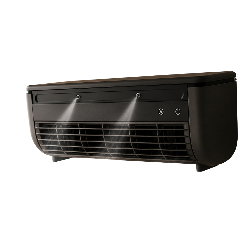 BreezeFlex™ 壁掛け・卓上2WAYミスト冷風機 — 工事不要・リモコン付き