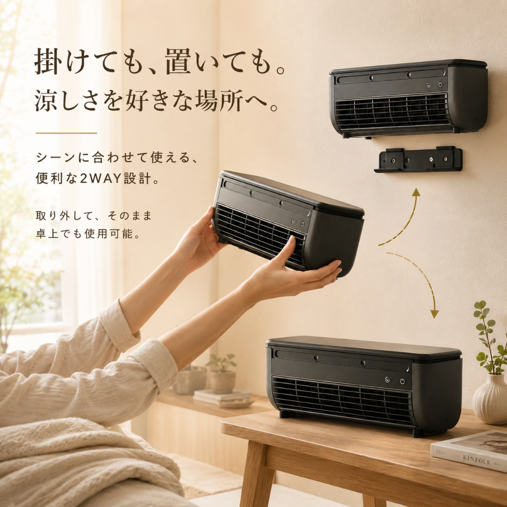 BreezeFlex™ 壁掛け・卓上2WAYミスト冷風機 — 工事不要・リモコン付き