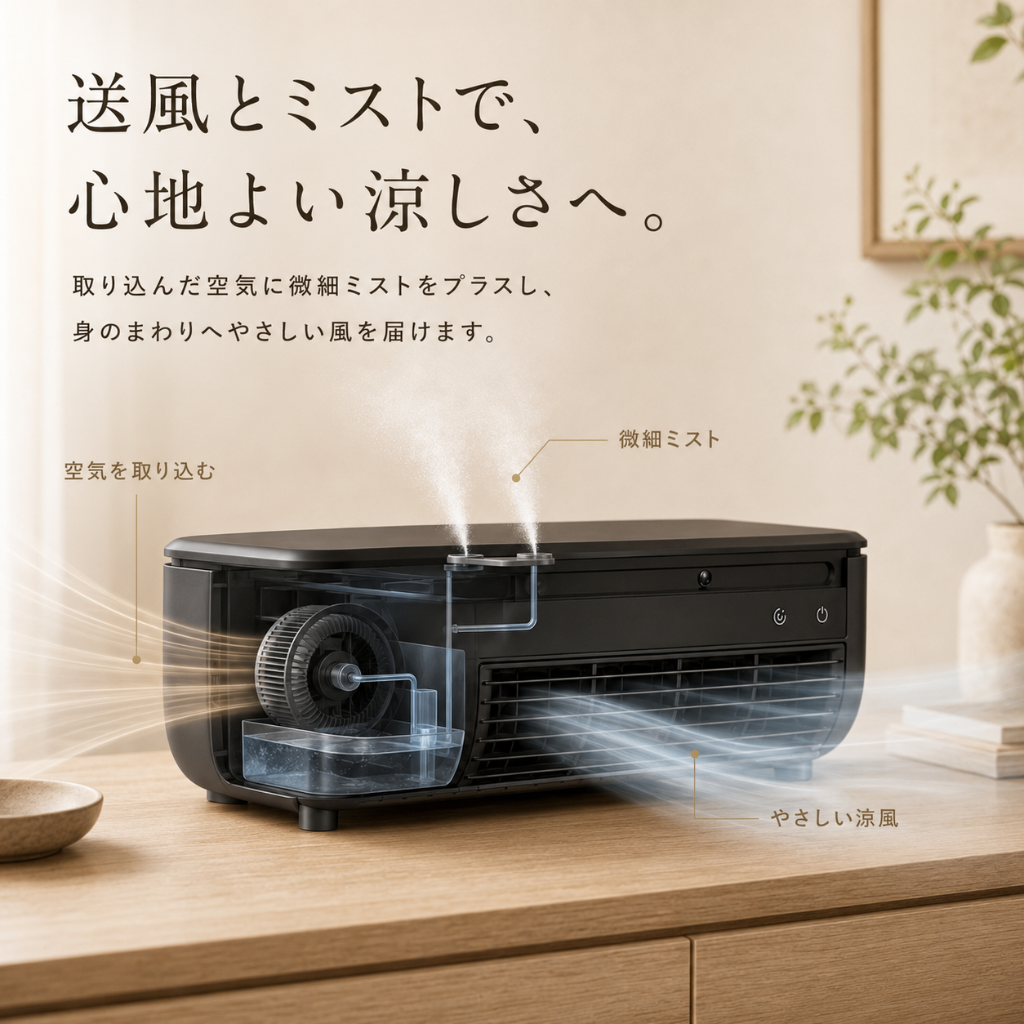 BreezeFlex™ 壁掛け・卓上2WAYミスト冷風機 — 工事不要・リモコン付き